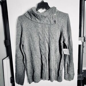 Basic Editions Women's XL Gray Cable Knit Split Neck Button Collar Sweater‎ NOS